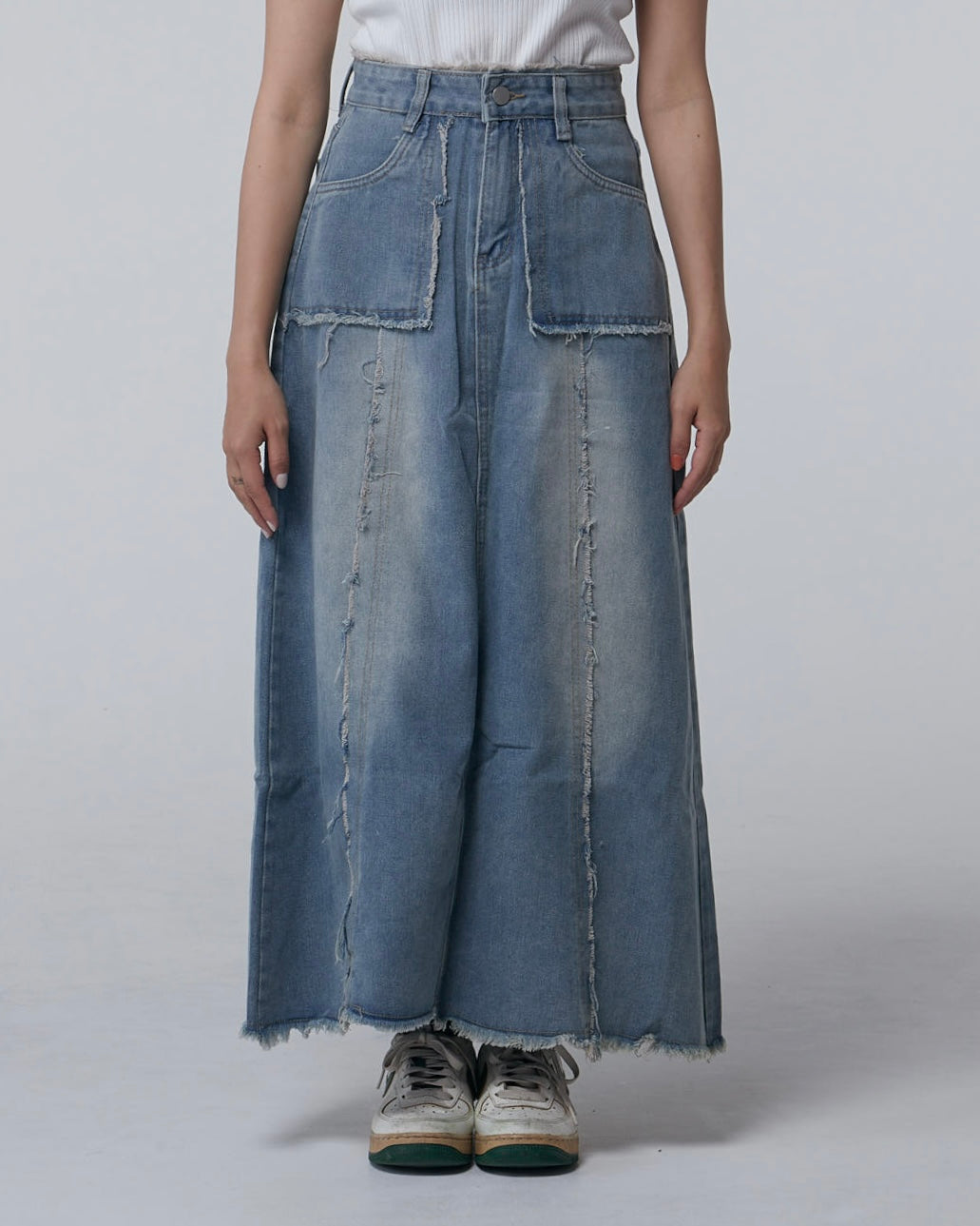 Fringe long denim skirt